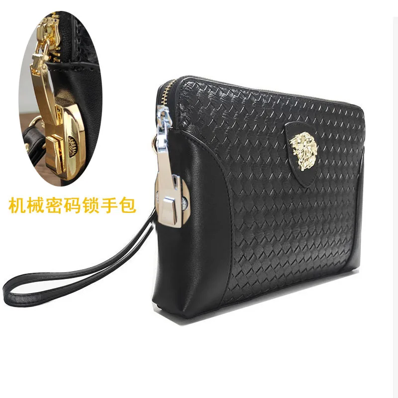 Lock Luxury Men Bag Large Capacity Business Men's Genuine Leather Handheld Luxury Woven Clutch Portable Fingerprint Unlock