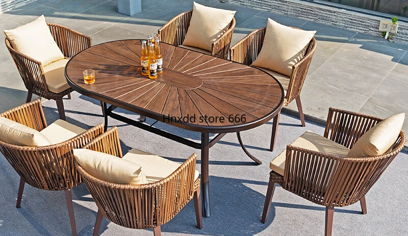 Outdoor table and chair combination courtyard garden terrace rattan chair plastic wood waterproof and sun protection