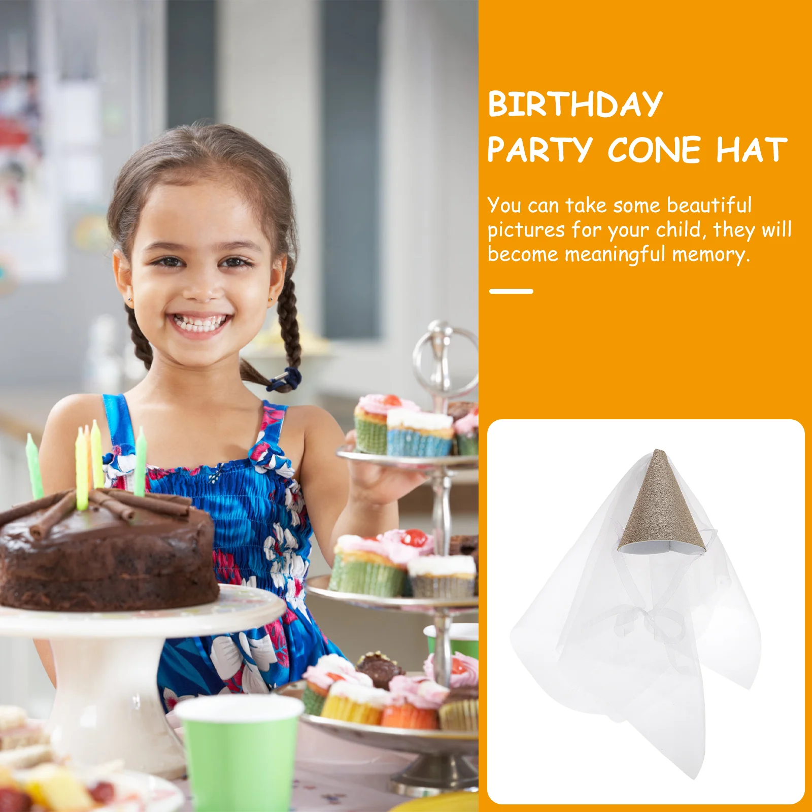 Birthday Hat Cone for Party with Tulle Sequins Girl Decorative Conical Kids Caps