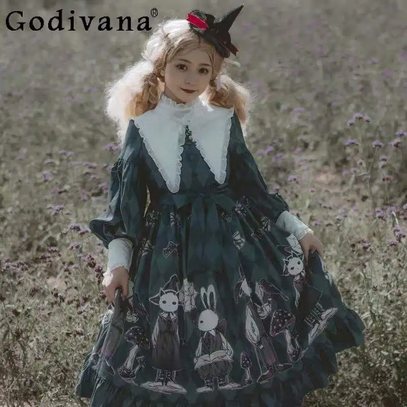 

Gothic Style Dark Japanese Original Lolita Dress Long Sleeve OP Soft Girl Lolita Dress Doll Collar Sweet Cute Girl Dresses