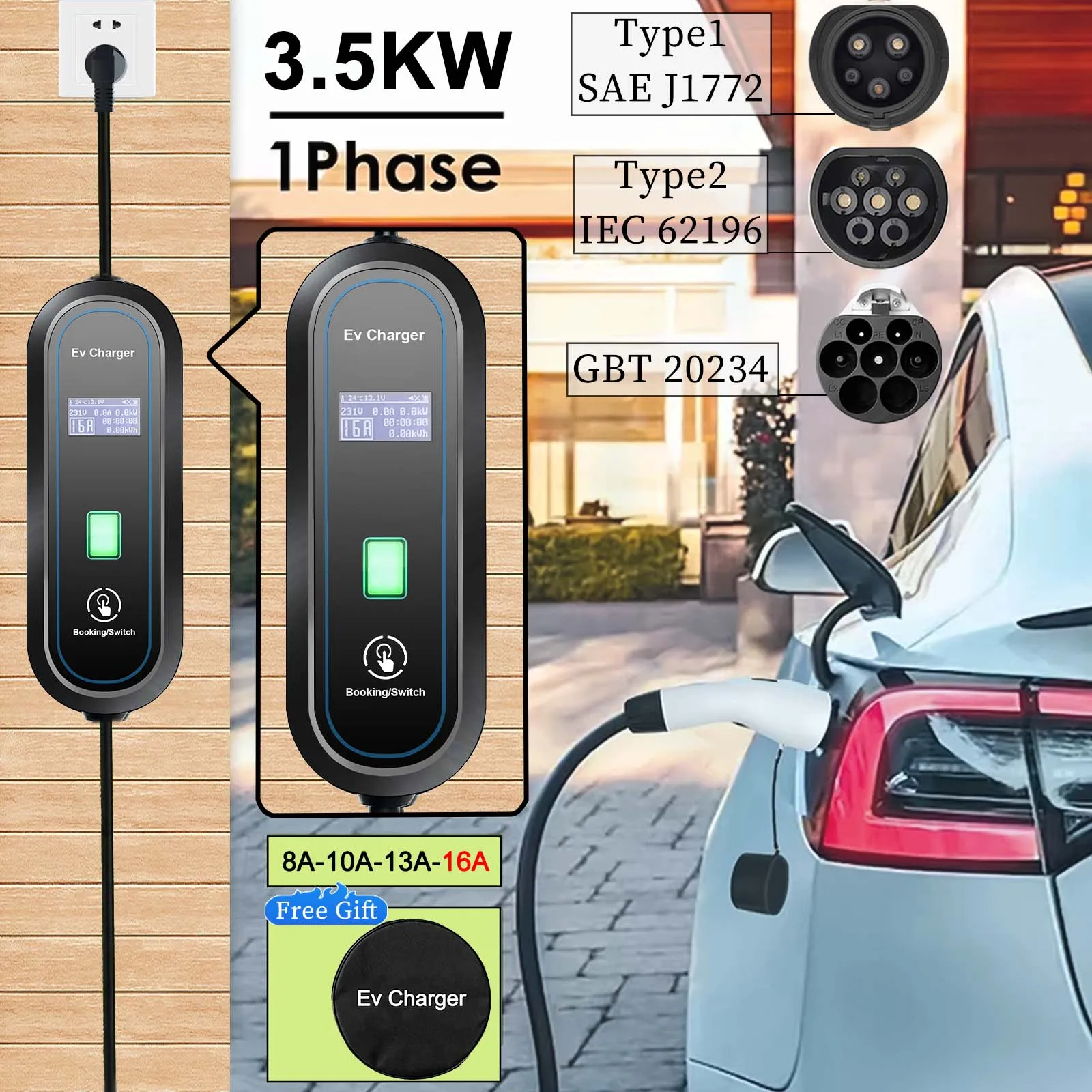 Teschev 220V 230V J1772 Type 1 Car Charger Type 2 Level 2 EVSE Charging Cable Wallbox GBT 16A 3.5KW Car Charger Fast Charging