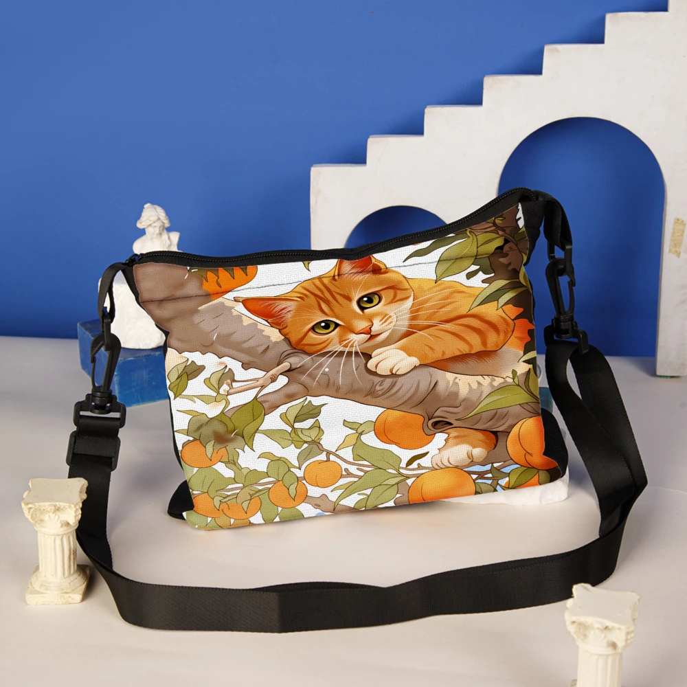 1pc Cat Print Crossbody Bag Orange Color With Tangerine And Leaves Pattern Shoulder Bags For Women Casual Daily Use Travel Shopp