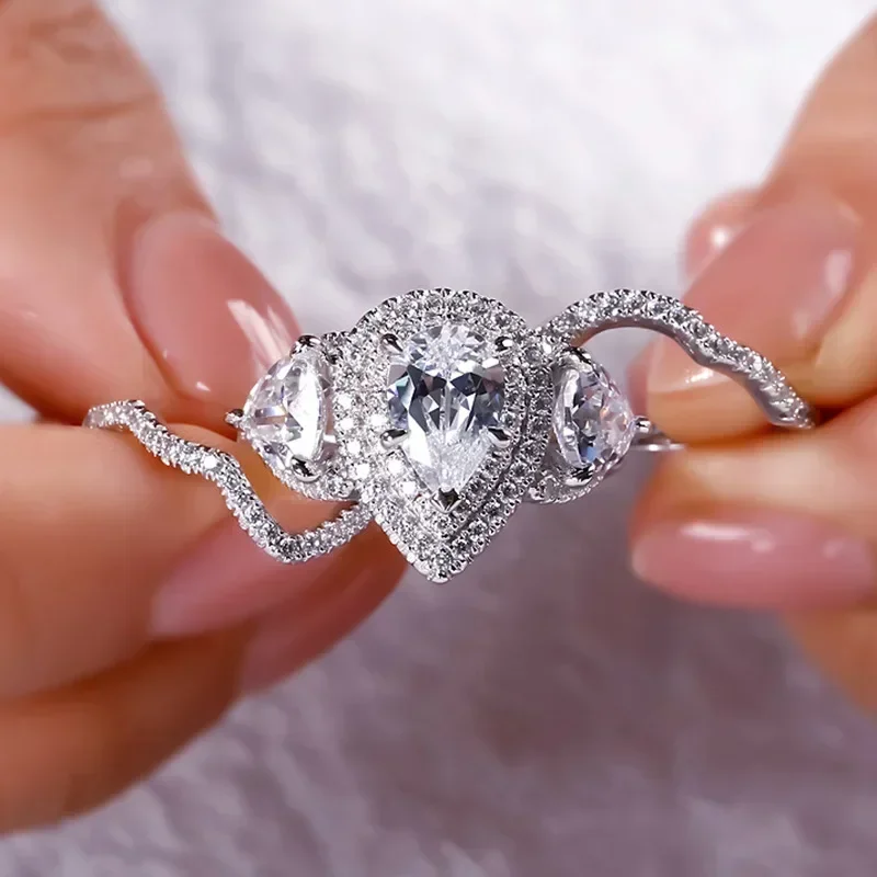 2026 Super Flash Simulated Diamond Ring 3-Piece Set for Women Light Luxury Fashion Wedding Jewelry
