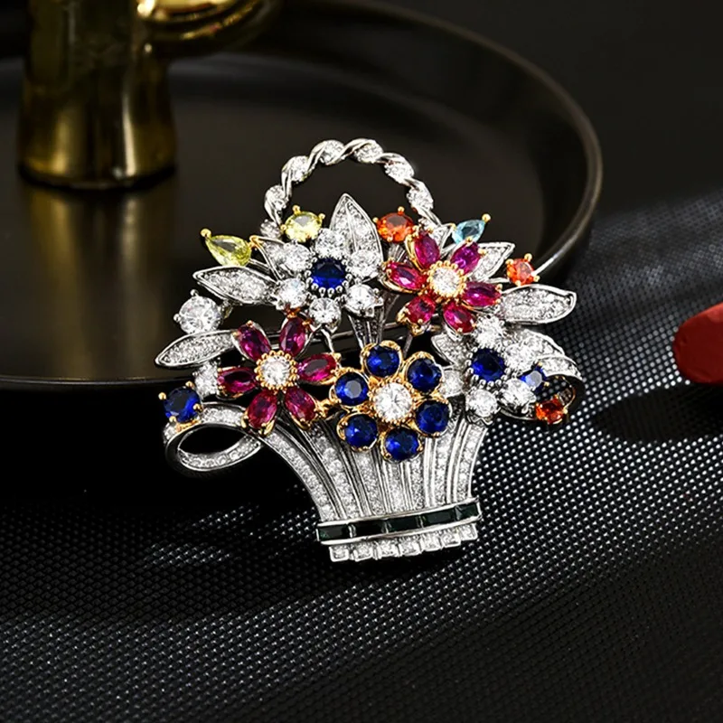 

New Creative Colorful Crystal Vintage Flower Basket Brooch Elegant Versatile Coat Pin Accessory
