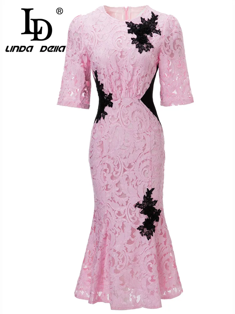 LD LINDA DELLA Summer New Style Italian Luxury Dress Women's Round Neck Embossed hollow High waist Splice Lace party Dress