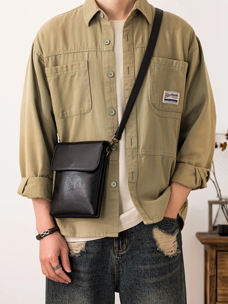 outdoor daily party genuine leather men's small phone bag simple casual luxury First layer cowhide black shoulder crossbody bag