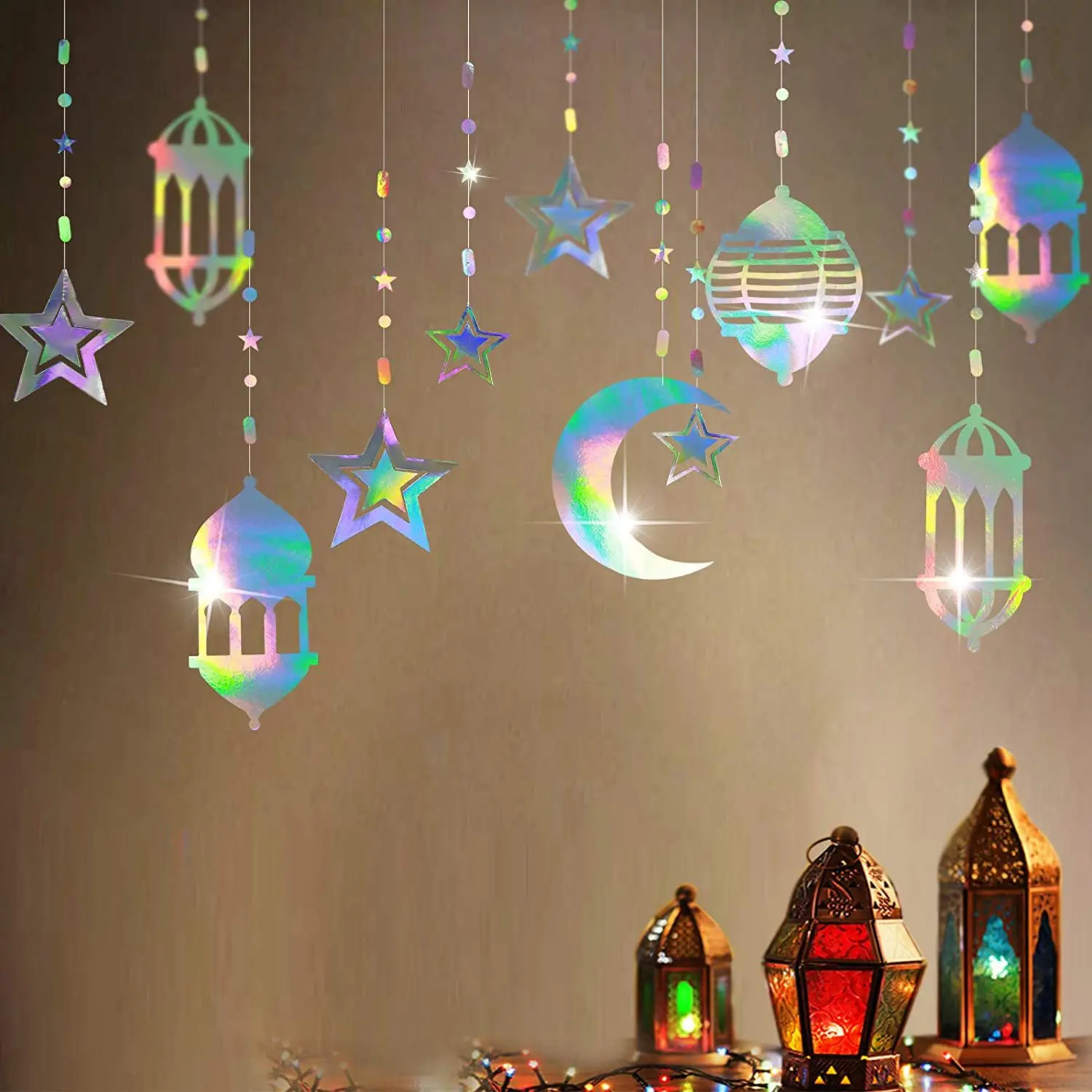 16 Iridescent Star Moon Lantern Garland Holographic EID Decoration Home, Happy Ramadan Decor for Lesser Bairam Islam Wedding