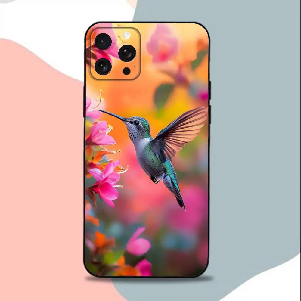 Casing Ponsel Art H-Humming B-bird Untuk iPhone 15,13,16,12,11,17,14,Plus,Pro,Max,XS,XR,X,SE,Mini, Penutup Silikon Lembut Hitam