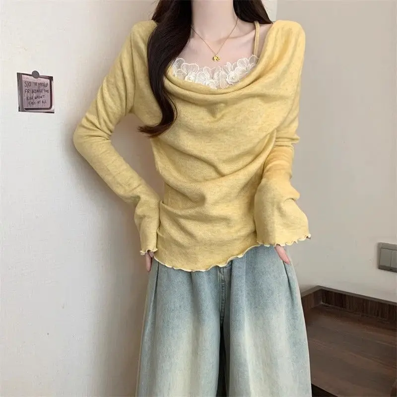 Yellow Loose Pullover Blouse With Lace Trim Two Pieces Long Sleeve Casual Women Top Spring Summer Lightweight
