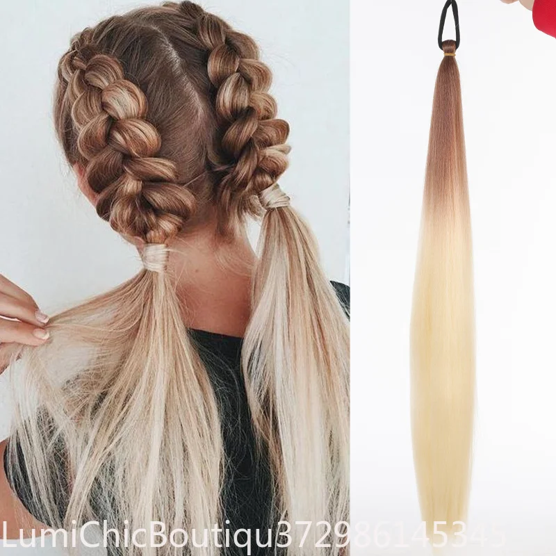 LUPU Synthetic Ponytail Extension 26 Inch Long Straight Ombre Pink Purple Blue Braiding Ponytail With Elastic Tie Hair Band