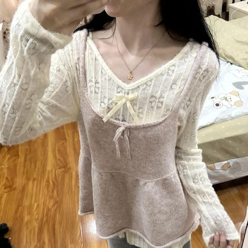 ชุดเซ็ตสองชิ้น เสื้อสเวตเตอร์ผู้หญิง สไตล์สาวหวาน โบว์น่ารัก ถักนิตติ้ง สไตล์เกาหลี คอวี แนวค็อกเก็ต