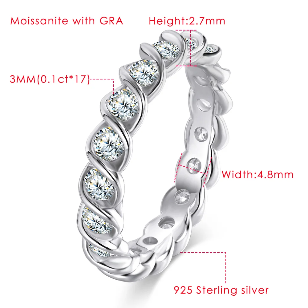 3mm Full Moissanite Eternity Band Plated 18K White Gold D VVS1 Lab Diamond 925 Sterling Silver Waterproof Wedding Ring for Women