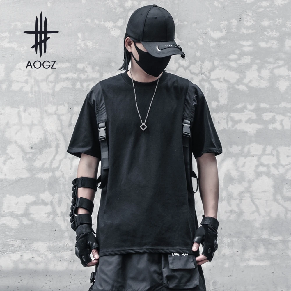 AOGZ Harajuku Shoulder Strap Ribbons Short Sleeve Tees Tops Hip Hop Streetwear Summer Casual T Shirt Men Clothing Black Techwear