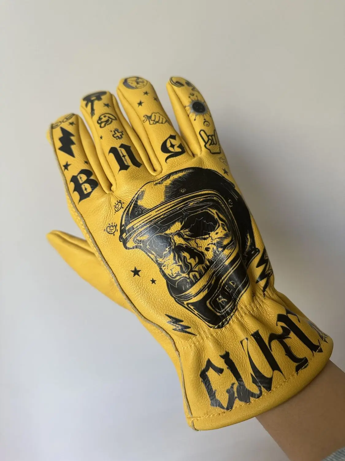 Anti-Slip Graffiti Motorcycle Gloves, Genuine Cowhide Leather Men's Moto — Cool Riding Gloves For Outdoor Sport Biker