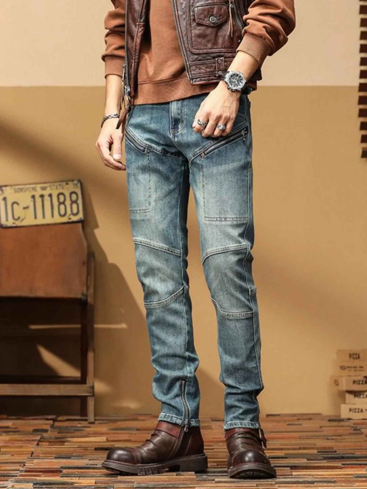 

High-End Vintage Spliced Men's Jeans Trendy Elastic Slim Fit High Street Cool Motorcycle Long Pants Cotton Stretch Denim