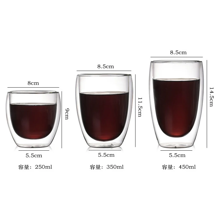 Double walled Round  and Processing Insulation Hot  Coffee Mug Heat Resistant Borosilicate Glass Tea