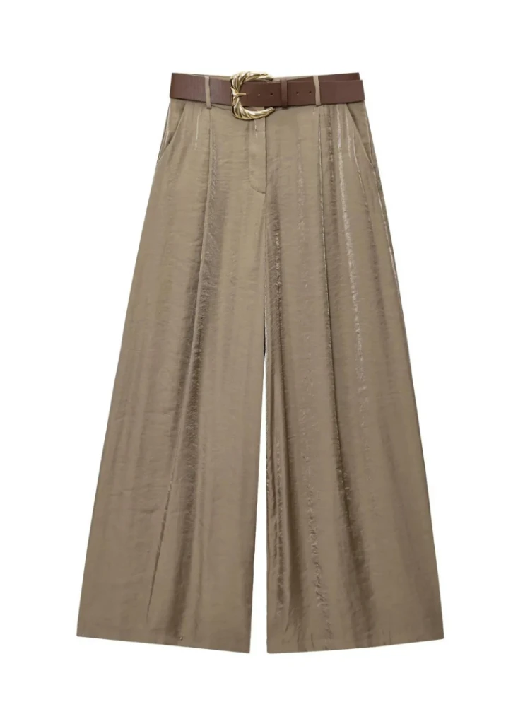

Women's Satin Wide Leg Pants with Belt - Elegant Trousers for Fall Spring, Chic & Stylish