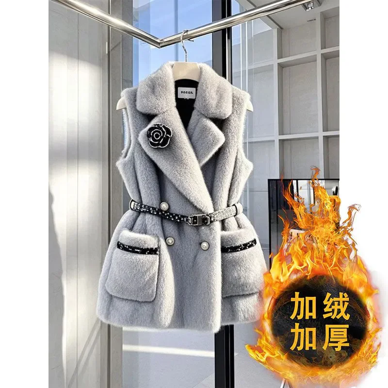 

Warm Waistcoat Women's Outerwear 2025 New Autumn Winter Unique Beautiful French High-End Feeling Folded Waist Mink Wool Vest Coa