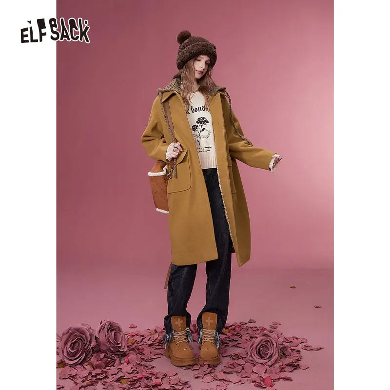 ELFSACK Plus Size Hoodied Coats Women 2023 Winter New Korean Fashion Mid-length Outwears