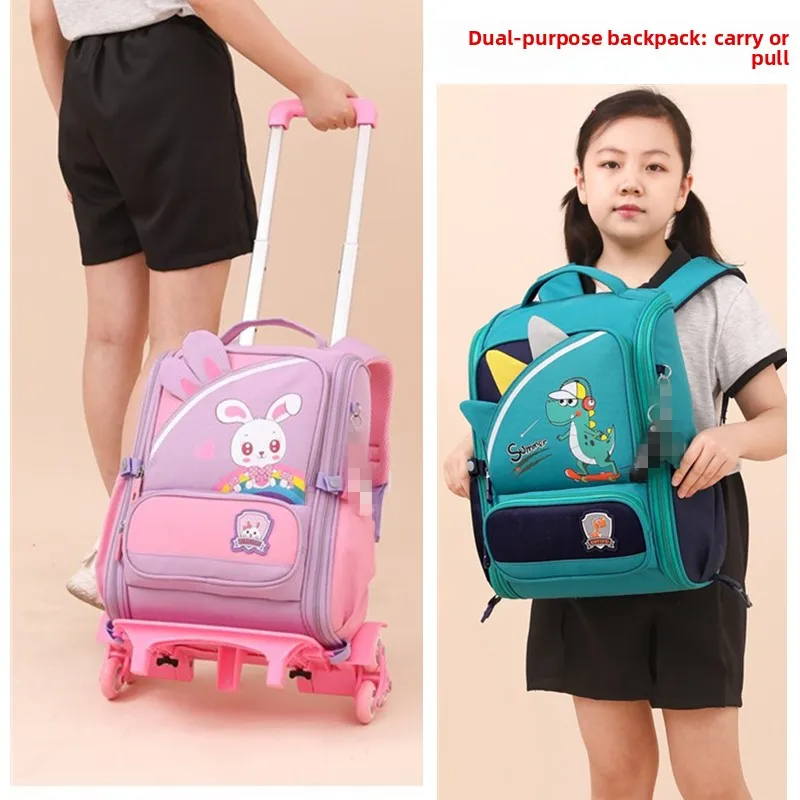new-cute-cartoon-large-capacity-elementary-school-25-grade-detachable-luggage-backpack-with-pull-rod-climbing-stairs-student-bag