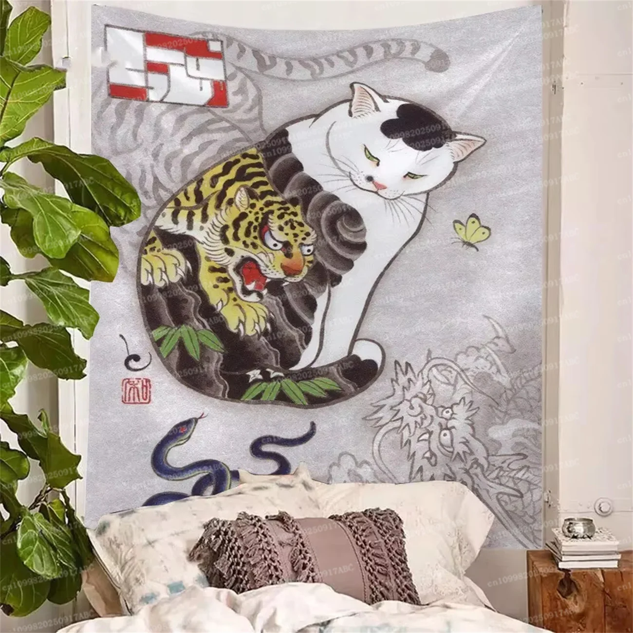 Japanese Samurai Tattoo Cat Anime Tapestry Wall Hanging Wall Art Cartoon Kawaii Bedroom Print Picture Living Room Decorations