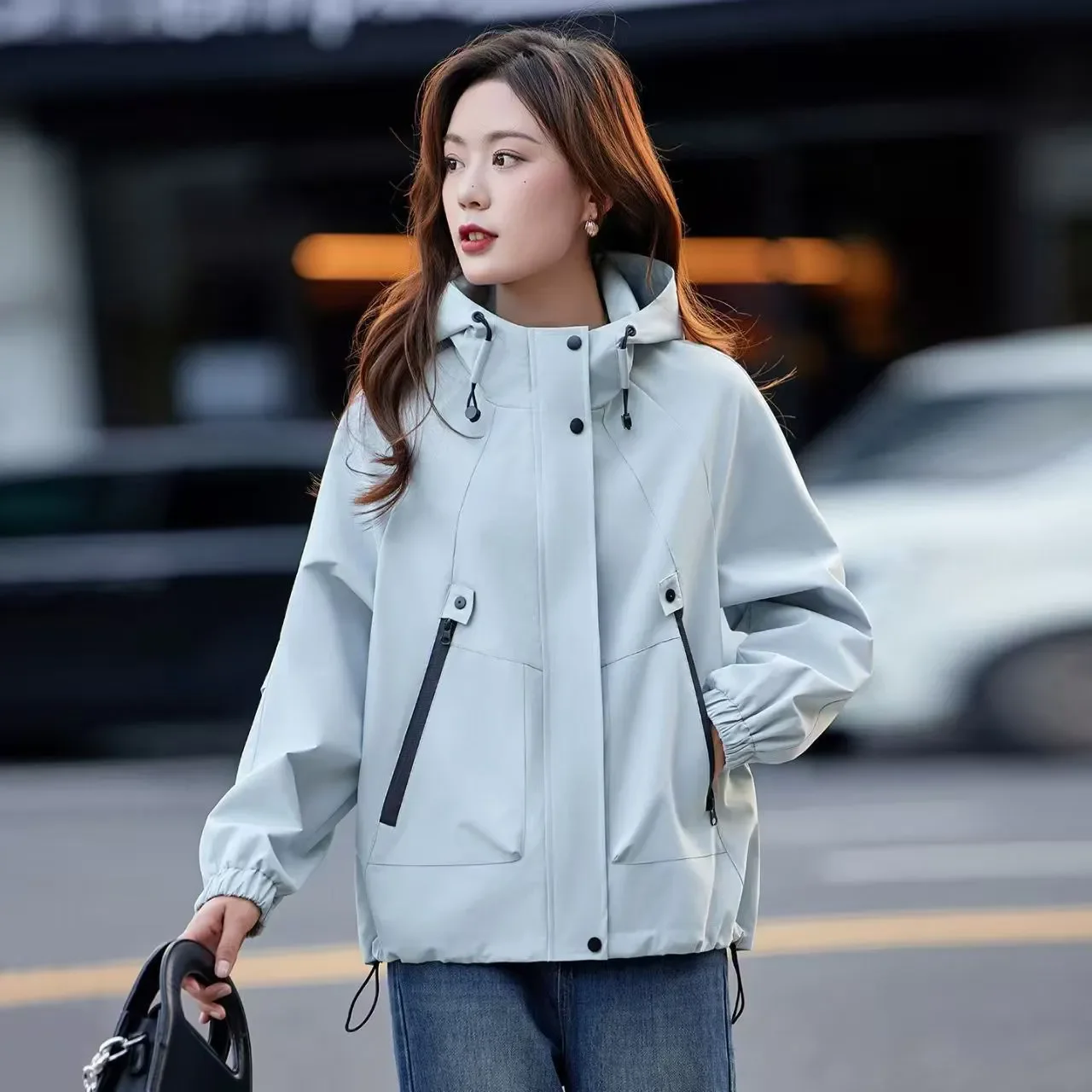 Outdoor Hooded Windbreaker Jacket Women Drawstring Zip Pocket Loose Waterproof Windproof Casual Hiking Short Coat Outerwear