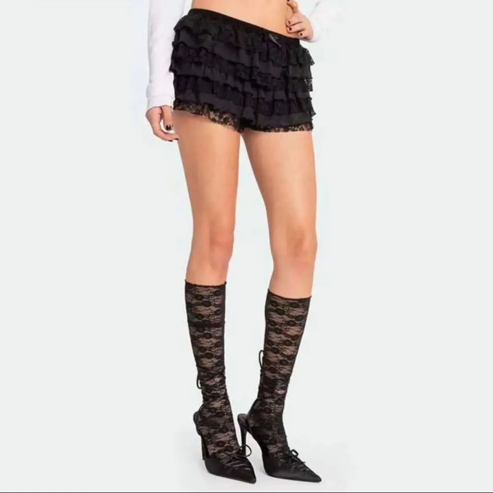 

Women Summer Shorts Multi-layered Scattered Hem Ruffle Lace Trim Beach Shorts Lolita Style High Waist Ultra-short Shorts