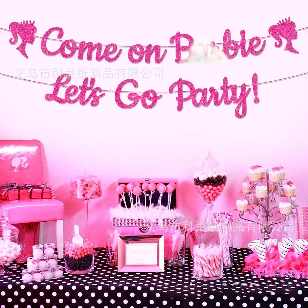 New Cartoon Barbie Partys Decoration Scene Construction Schoolgirl Bright Pink Single Women Party Banner Accessory Gift