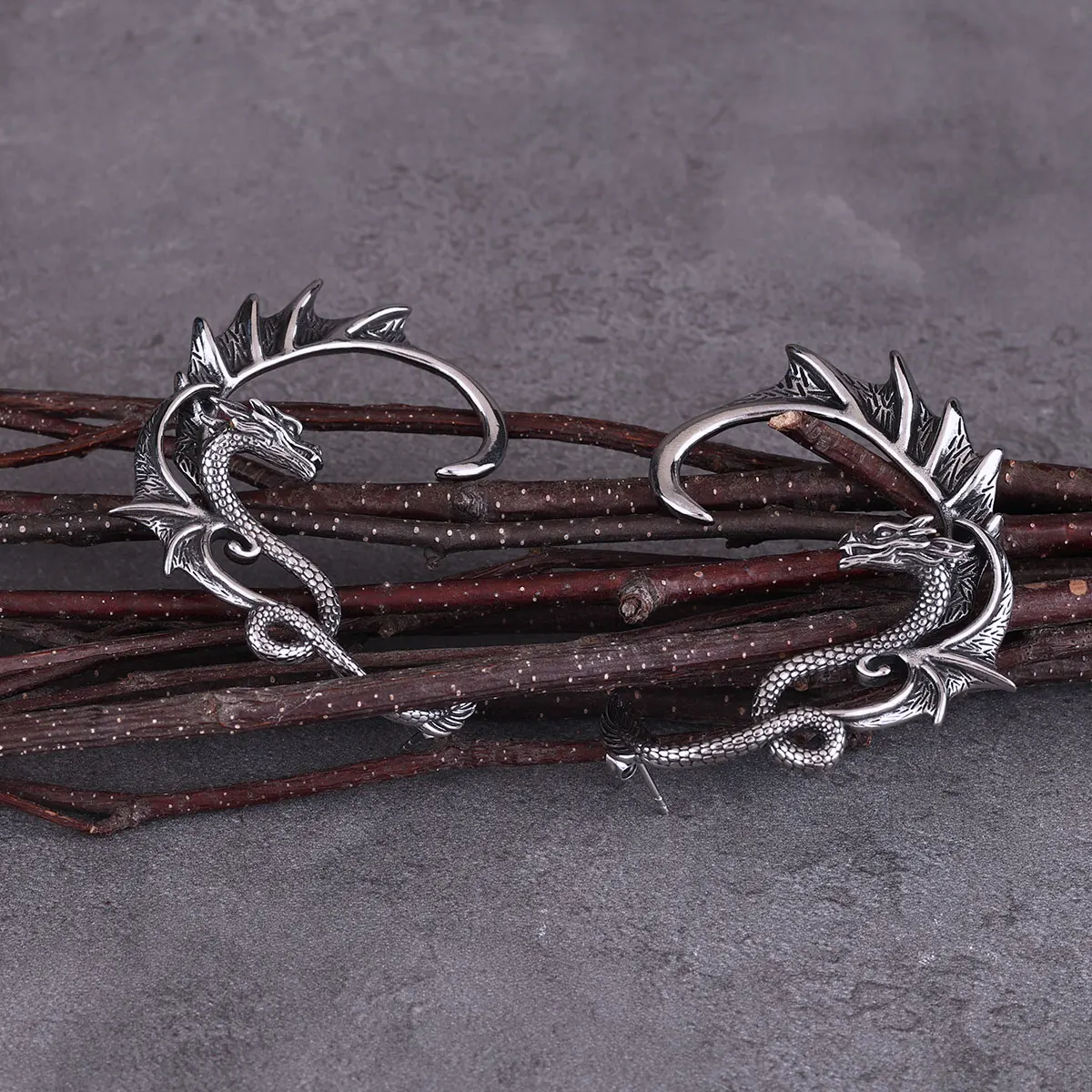 Viking Dragon Scales Wing Earrings Vintage Women Unisex Stainless Steel Earstuds Creative Fashion Elf Ear Banquet Party Jewelry