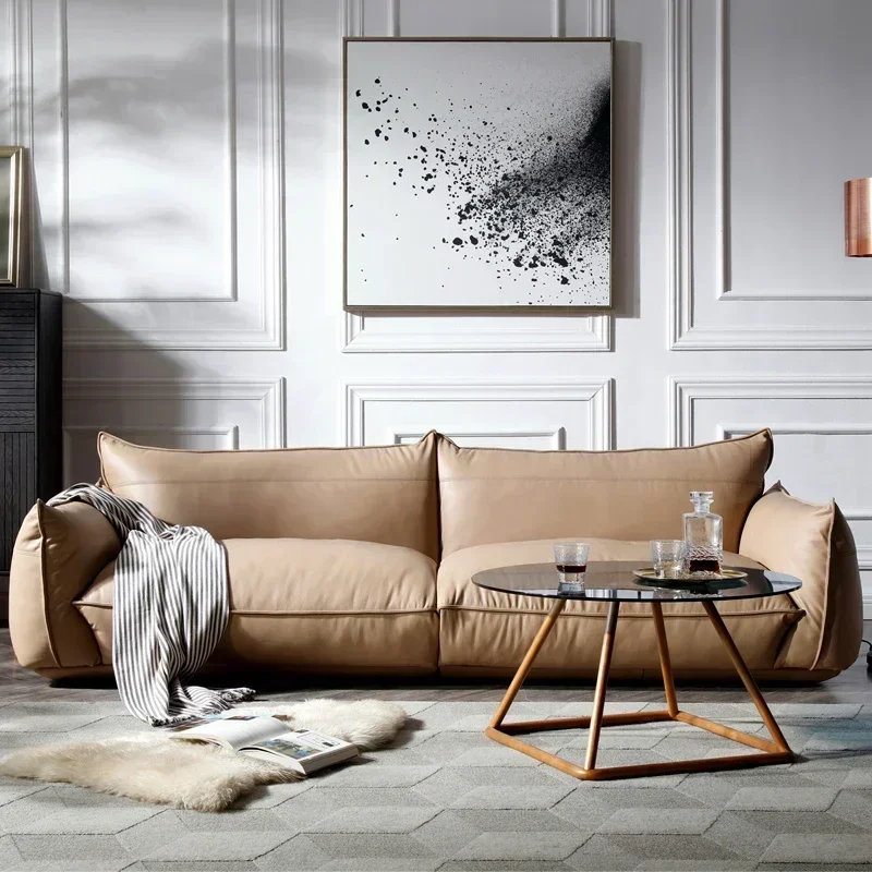 Sofa Living Room Cloud Sofa Cream French, Leather Modern Simple Three