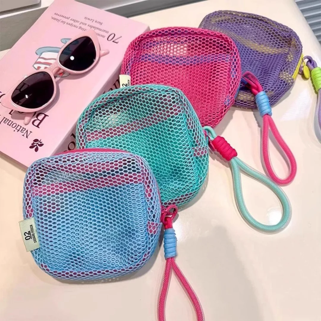 Color Block Mesh Cosmetic Storage Bag, Ultra Lightweight Zipper Pouch, Portable Mini Wallet, Great for Holding Keys, Earphones,