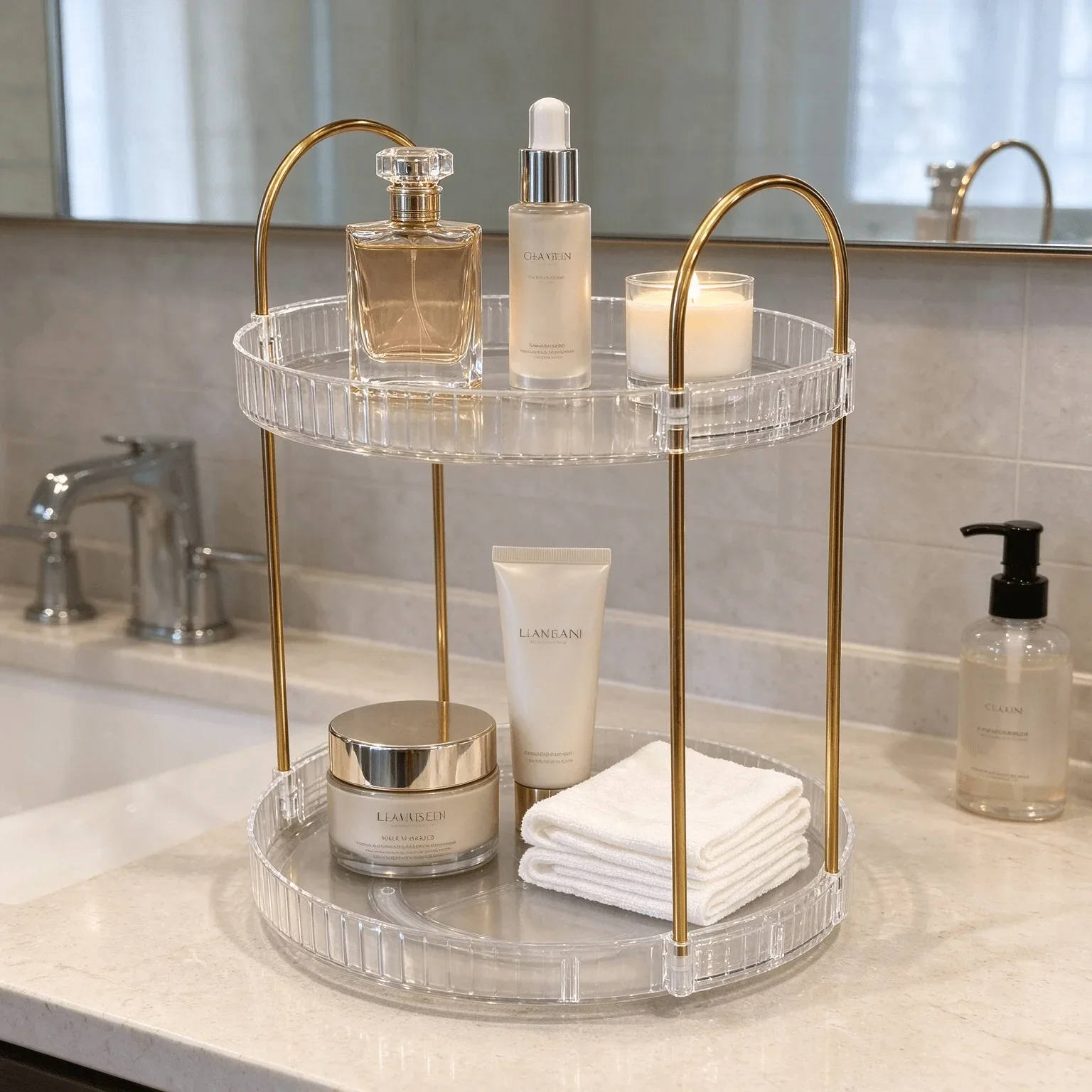 360 Rotating Makeup Organizer 2 Tier Large Capacity Clear Acrylic Skincare Perfume Cosmetics Storage Stand for Bathroom Countertop Vanity Dresser,Spinning Lazy Susan Beauty Display Holder with Gold Metal Frame,Gift for Women Girls