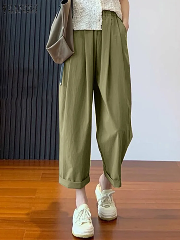 

ZANZEA Women Elastic Waist Pants Casual Loose Solid Color Palazzo Pants 2024 Summer Pocket Cropped Trousers Straight Pantalons