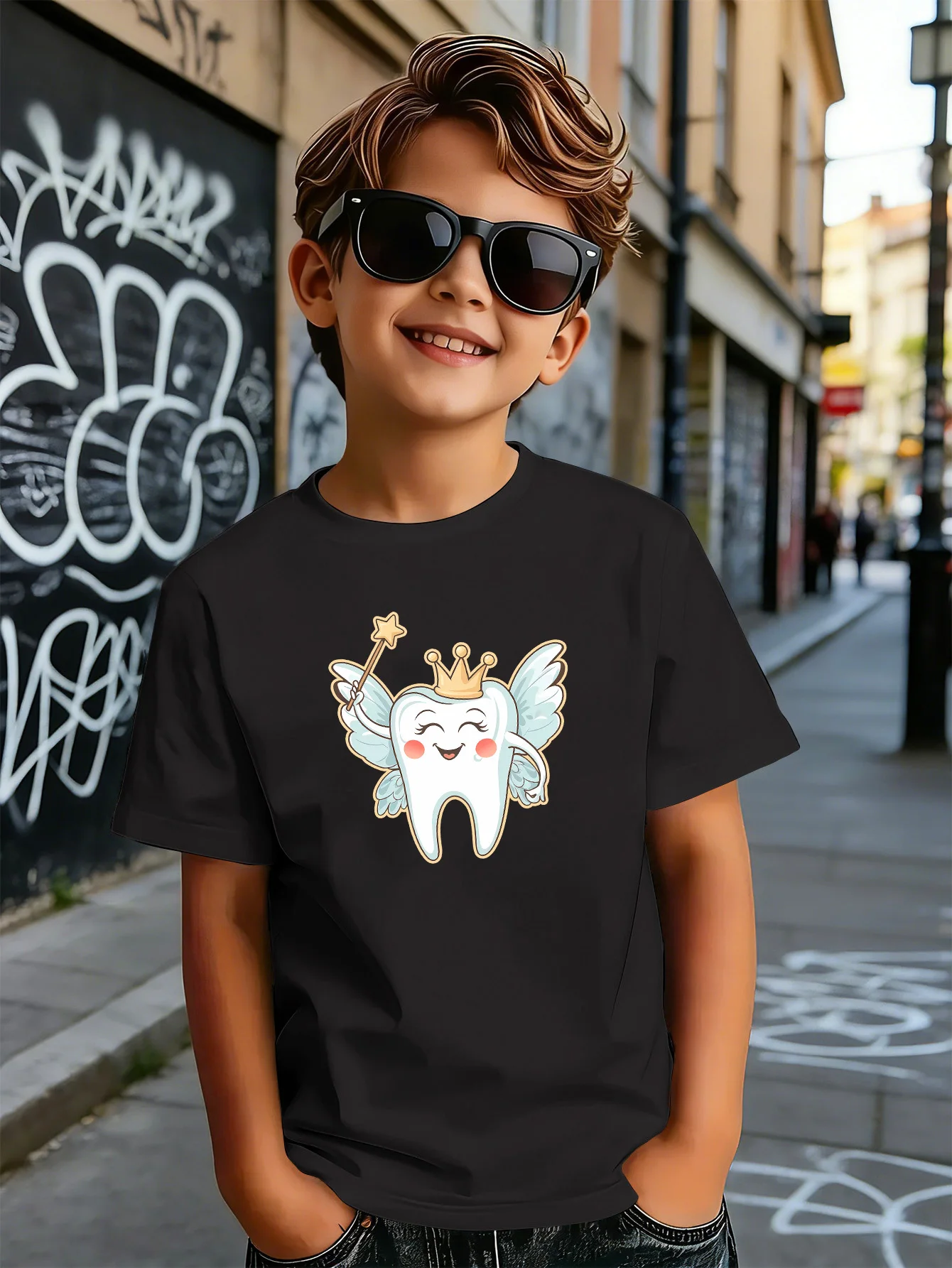 Lovely Tooth Fairy Wing Cartoon Art Print Boys Girls Family Matching Cotton Short Sleeve Crew Neck Soft Summer Kids Casual Tees