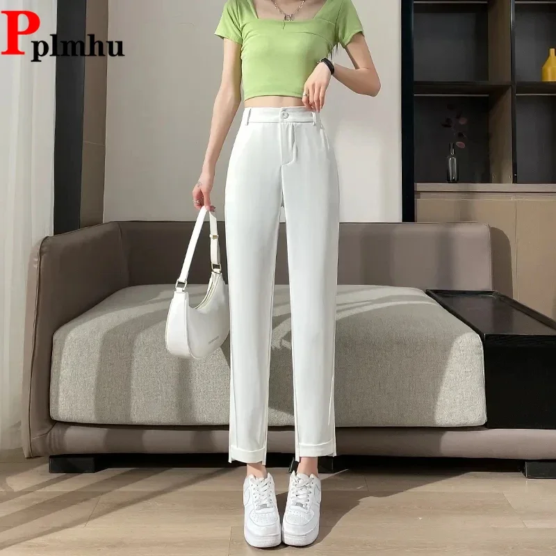 Clássico tornozelo comprimento harem terno pantalones coreia moda escritório feminino spodnie doce cor elástica cintura alta formal calças soltas