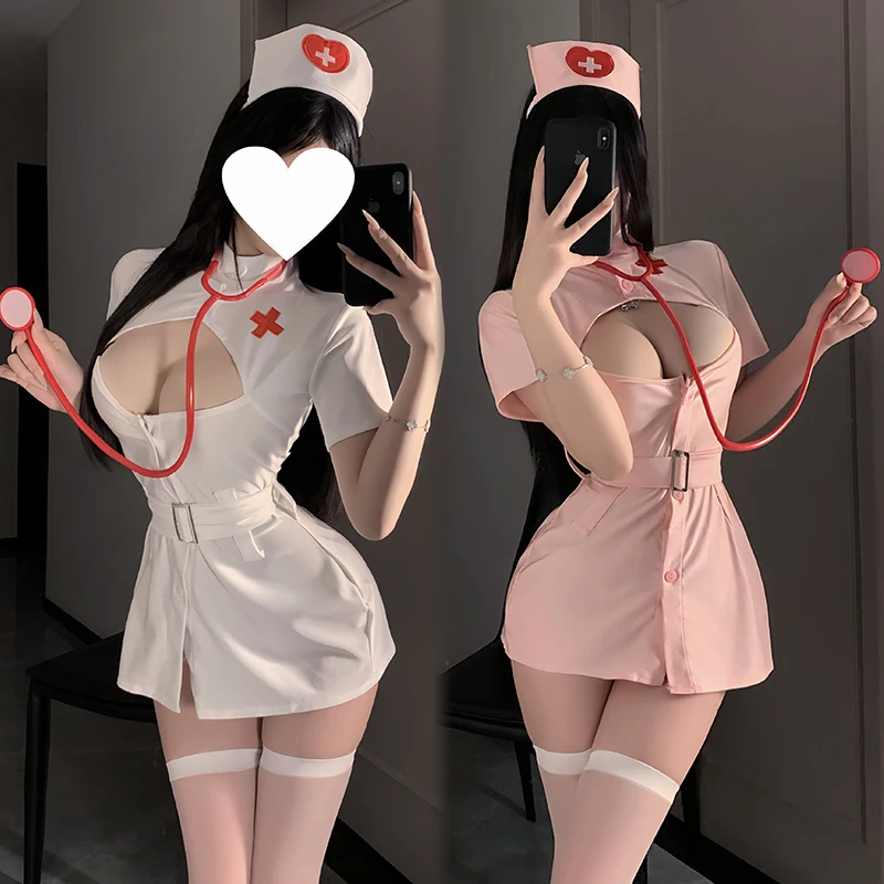 

Sexy Nurse Costume Uniform Cosplay Hollow Dress Pink Kawaii Doctor Role Play Seduction Set Lingerie Pajamas Costume For Women