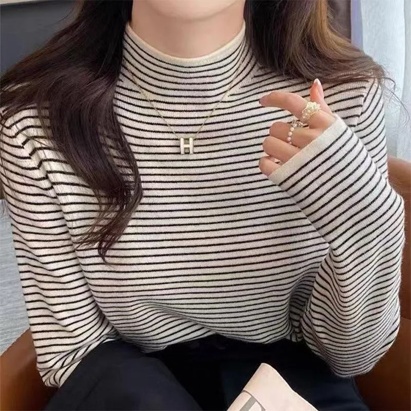 Ropa de mujer, jerséis de punto a rayas que combinan con todo, Otoño Invierno, nuevos suéteres elegantes ajustados de manga larga con cuello medio alto, Top