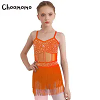 Vestido de leotardo de baile latino de tango para niñas con pedrería, malla transparente, patchwork, flecos escalonados y borlas, body para jazz y salsa