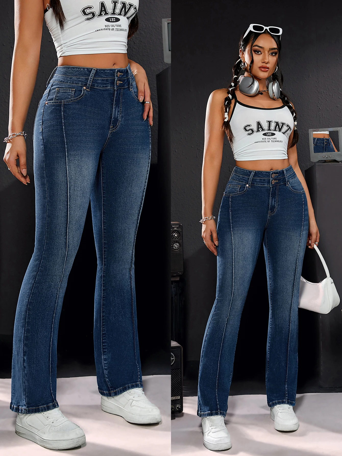 

Women's High-Waisted Stretch Denim Trousers with Double Buttons