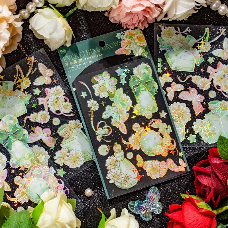 4 pieces PET Hot Gold and Silver Hand Curtains Sticker Colorful Plant Flowers Decorative Craft Stationery Sticker 4 models