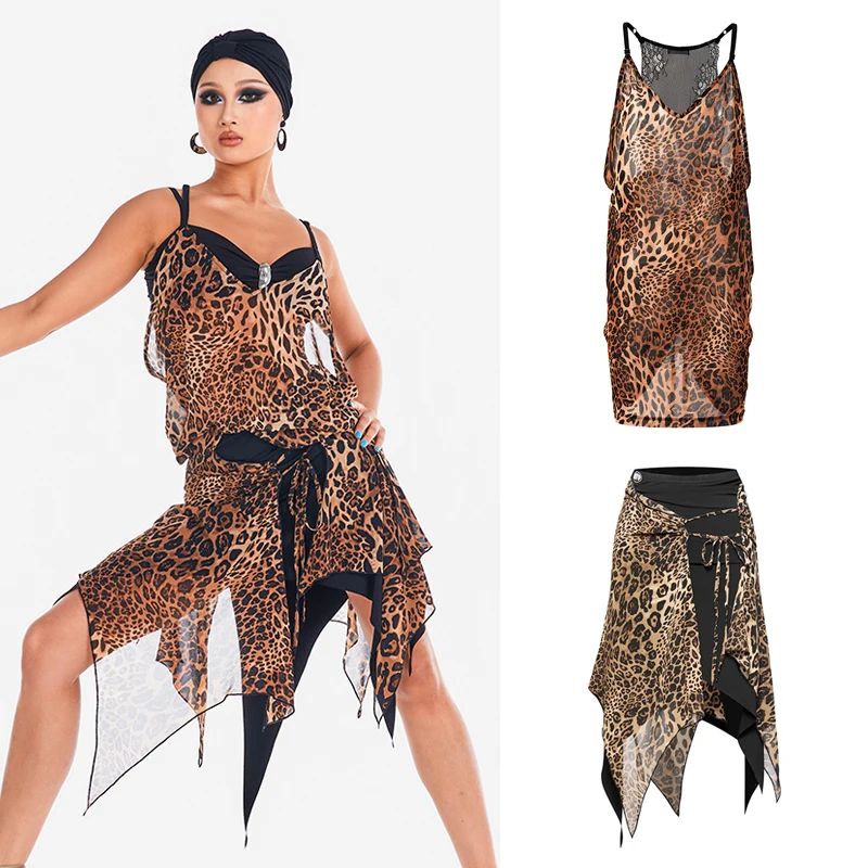 

New Women'S Leopard Latin Dance Costume Adults Ballroom Dance Performance Clothes Female Chacha Samba Latin Dance Suits SL12404