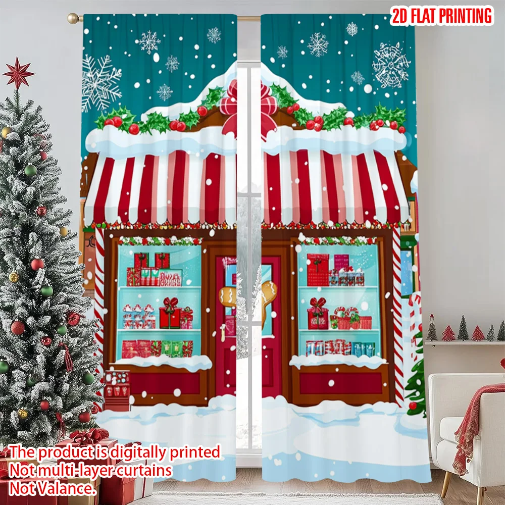 

2pcs 2D flat printing Merry Christmas Popular Window Curtains Christmas candy store Versatile Polyester Fabric Without