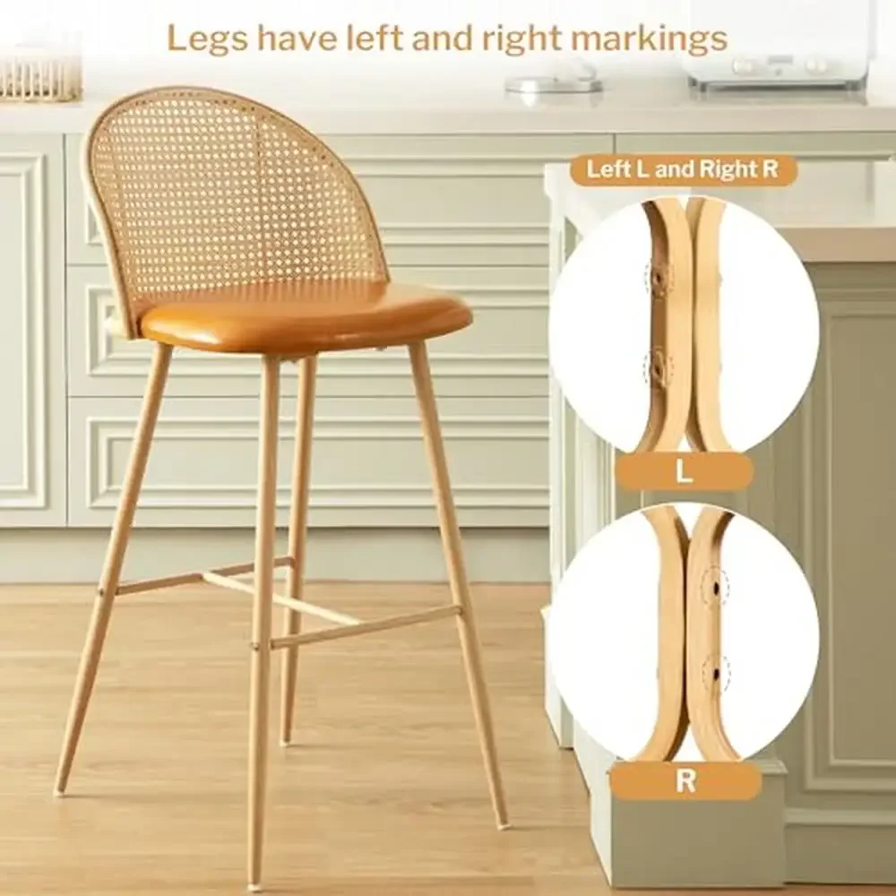 Set Van 4 Boho Rotan Barkrukken Lederen Stoel Rieten Rug Moderne Aanrechthoogte