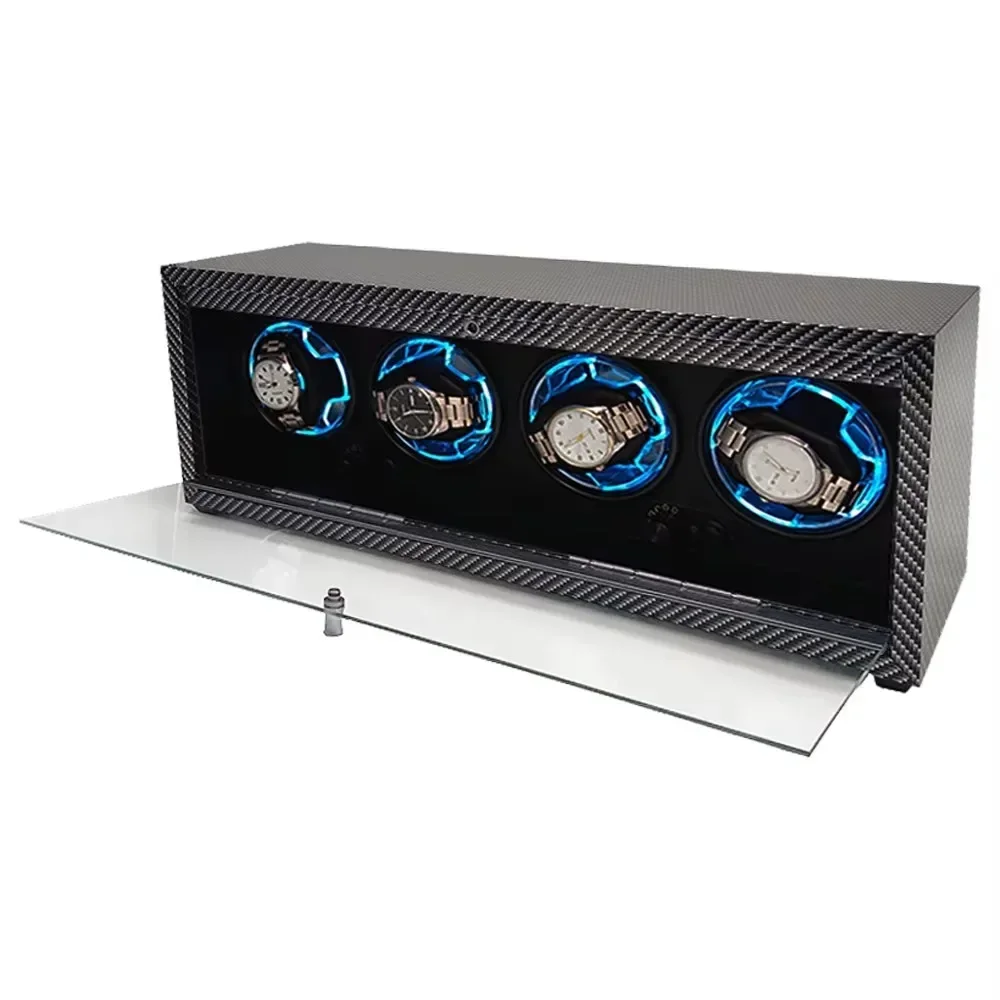 

wholesale Automatic Watch Winder Box black carbon fiber leather 4 slot safe Rotation Watch organizer Storage Box