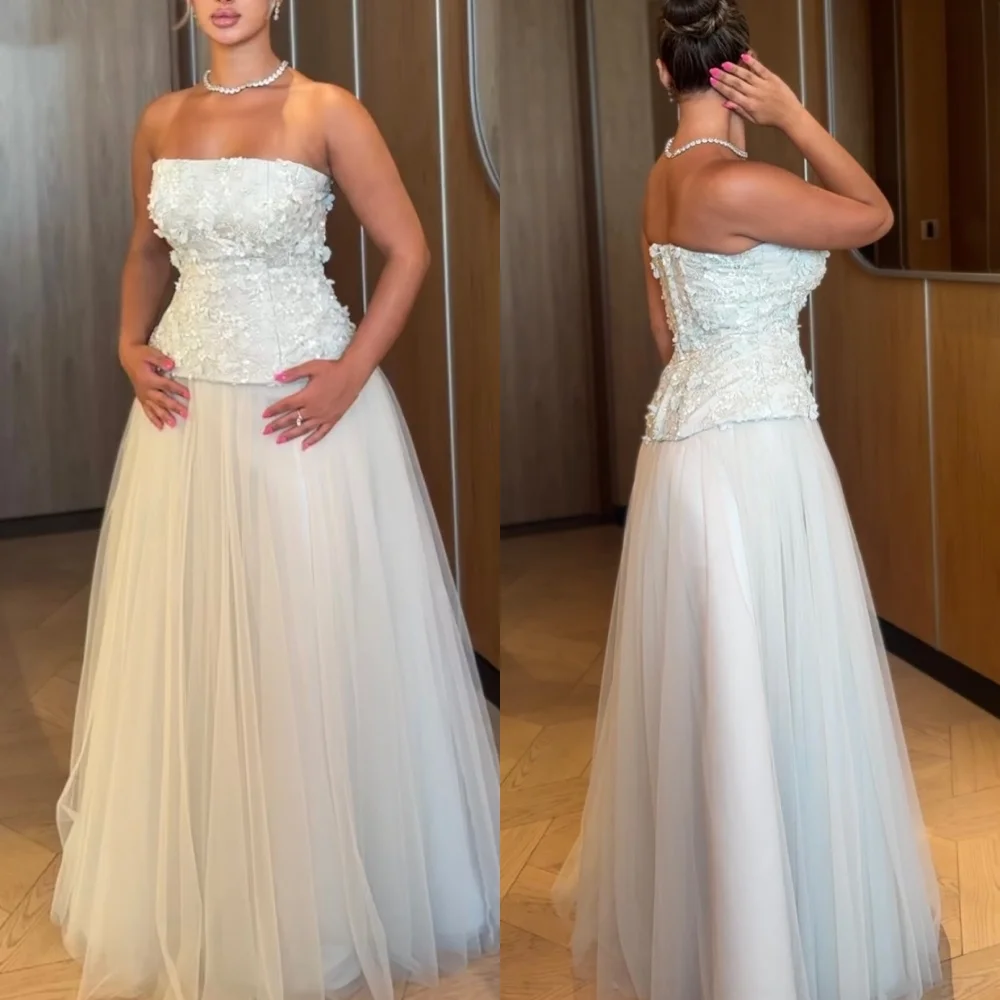 

Customized Fashion Classic Tulle Handmade Flower Beading A-line Strapless Long Dresses Bespoke Occasion Dresses Sizes Available