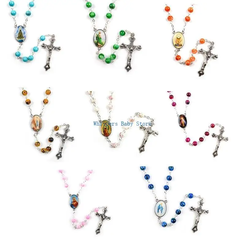 

U90E Metal for Cross Necklace Mary Jesus Necklaces Round Rosary Charms Necklace Vintage Jewelry Chain Gifts for Women