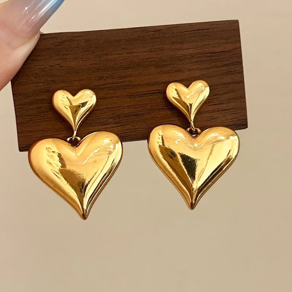 

Trendy Big Double Heart Drop Earrings for Women 925 Silver Metal Love Tassel Drop Earrings Needle Jewelry Accessories Party Gift