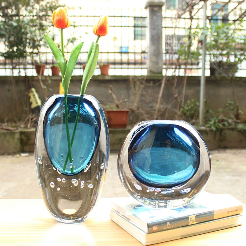Blue Transparent Crystal Glass Vase Thick Glass Hydroponics Terrarium Flower Arrangement Accessories Home Decoration Flower Pot