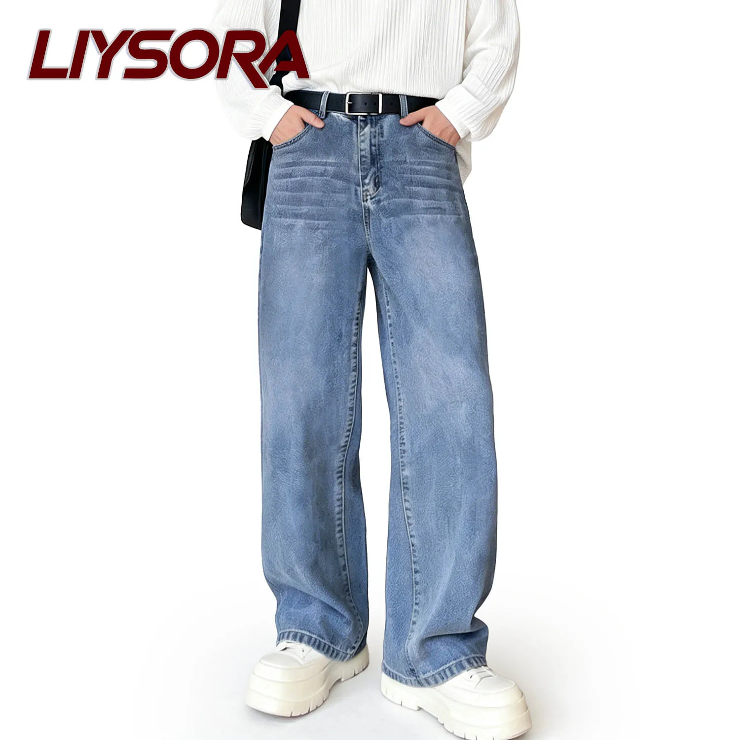 

LIYSORA Korean Daily Casual Blue Baggy Straight Leg Men's Women's Jeans Four Seasons Basic Style Y2K Denim Pants Unisex Trousers