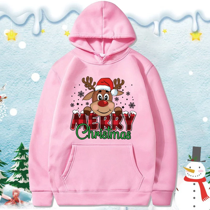 (Premium Hoodie)Cute Merry Christmas Print Hoodie Women Autumn Winter Lovely Fleece Long Sleeve Men Casual Round Neck Pullover